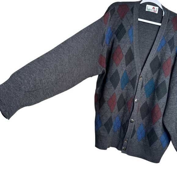 Florence Tricot Men’s Italy Gray Arygle Cardigan Grandpa Sweater Size XLT - Picture 2 of 7